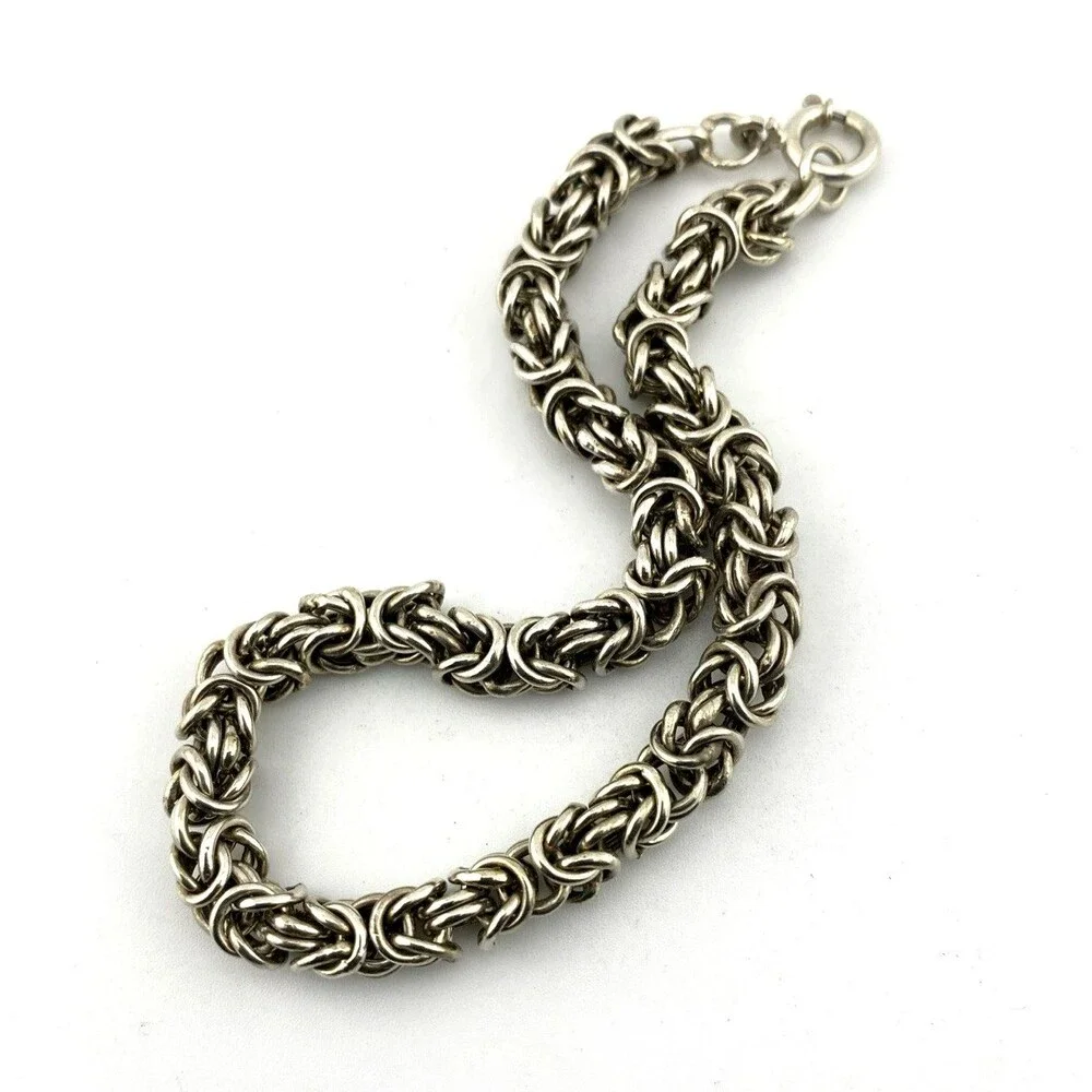 Vintage Sterling Silver Byzantine Chain Bracelet 9.25 Inch 6mm Unisex Handmade S